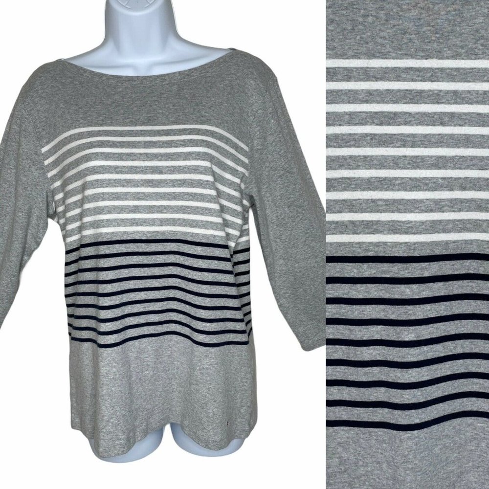 TOMMY HILFIGER Wms Sz L? Boat Neck Striped 3/4 Sleeve Tee Grey White Blue